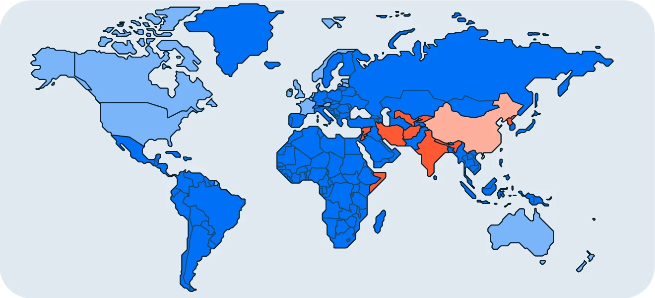 已禁止或限制 TikTok 的国家。